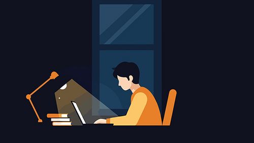 Symbolgrafik Student im Dunkeln am Laptop