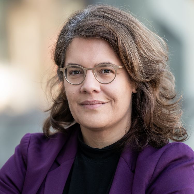 Porträt von Prof. Dr. Sina Farzin, die einen lila Blazer und ein schwarzes Oberteil trägt. Sie trägt Brille und hat braunes, schulterlanges, gelocktes Haar. Sie lächelt leicht mit geschlossenem Mund. 