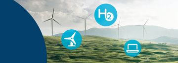  Auf dem Foto sind mehrere Windkrafträder dargestellt. Zudem befinden sich auf dem Foto verschiedene Icons zum Thema erneuerbare Energien und Nachhaltigkeit.