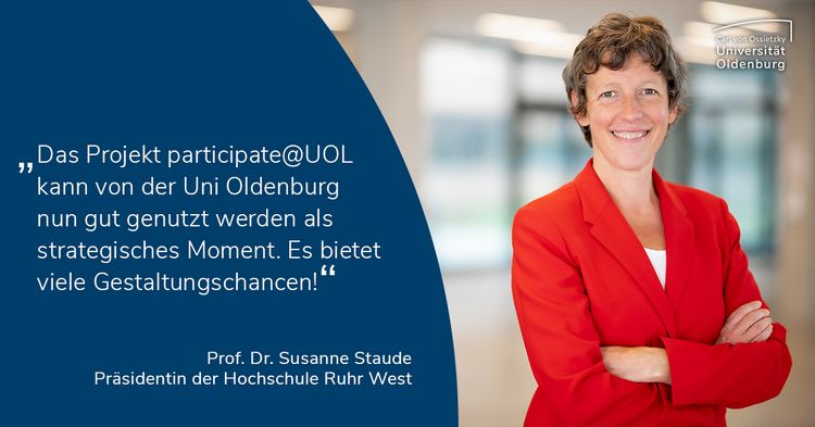 Zitat:"Das Projekt particpate@UOL kann von der Uni Oldenburg nun gut genutzt werden als strategisches Moment. Es bietet viele Gestaltungschancen!"