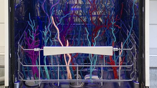 The picture shows the inside of an old dishwasher. You can see some colourful cables.