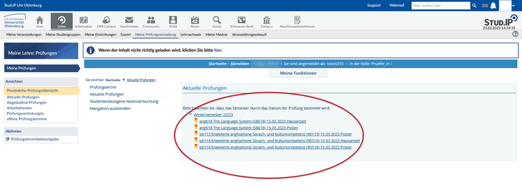 Screenshot UOL StudIP Aktuelle Prüfungen im Semester