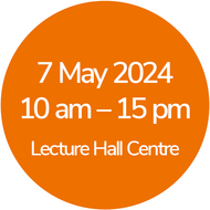 Orange circle with the text 16 May 2023, 10 am - 15 pm, Lecture Hall Centre