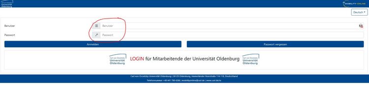 Screenshot der Anmeldeseite für "Mobility Online" der Carl von Ossietzky Universität Oldenburg. Die Felder für Benutzername und Passwort sind hervorgehoben und bieten Eingabemöglichkeiten für Studierende. Darunter befindet sich ein separates Login-Feld für Mitarbeitende der Universität, was auf eine alternative Anmeldeoption hindeutet.