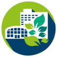 Das Bild ist das Key Visual für den Bereich Ökologie des Campus' und zeigt einen hellgrünen Kreis, in dem als Grafik zwei Gebäude der Uni und einige grüne Blätter angedeutet sind.