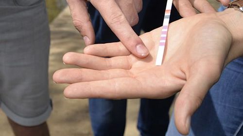 Auf dem Bild ist ein Teststäbchen zu sehen, dass die Nitratkonzentration anhand von Farbwerten anzeigt. Eine Hand zeigt auf das Stäbchen, im Hintergrund sieht man eine Person mit Probenahmegerät. 