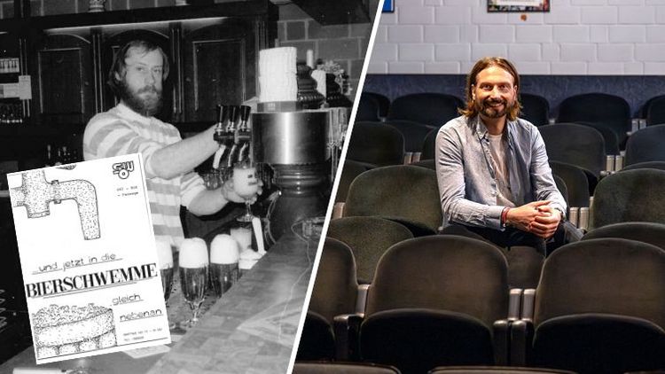 The image on the left shows a black-and-white photograph of Ritzmann. He is standing at a tap, pouring beer. In the foreground is a sign that reads “And now to the beer hall next door.” On the right side of the image is a color photograph of Jürgen Boese. He is sitting on one of the chairs in the theater room, smiling at the camera.