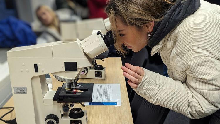 Eine Frau schaut durch ein Mikroskop. 