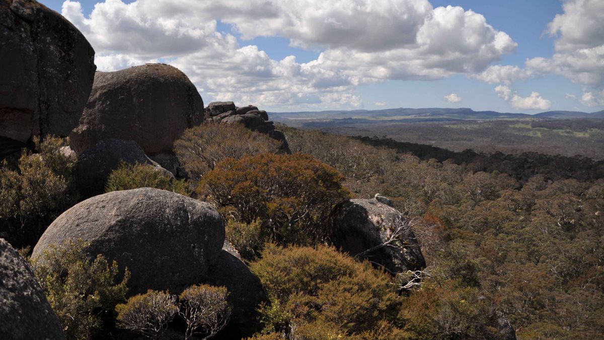  Eine weitläufige Landschaft mit Felsformationen und einer hügeligen Ebene im Hintergrund.