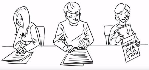 Drawing of three students filling out evaluation forms.