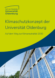 Das Bild zeigt das Cover der Kurzversion des Klimaschutzkonzepts im Corporate Design der Uni.