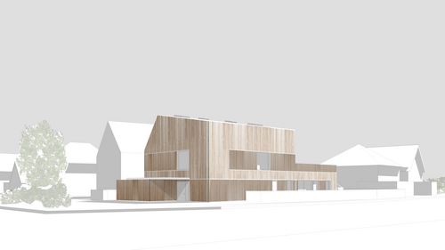 Architect's sketch of the building: It has wooden cladding and an asymmetrical roof as well as a large roof terrace on the first floor.