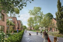 Illustration of the residential neighbourhood with lots of greenery, children playing in the street.