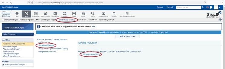 Screenshot StudIP der persönlichen Prüfungsverwaltung mit aktuell anstehenden Prüfungen