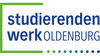 The image shows the logo of the Studierendenwerk Oldenburg. The text 'studierenden' is written in thick, dark blue letters above the text 'werk OLDENBURG', with 'werk' in the same font as before and 'Oldenburg' in thinner, also dark blue capital letters. A green frame surrounds the top and left edge of the logo. Below the text is a row of green dots that fade into blue to the right.