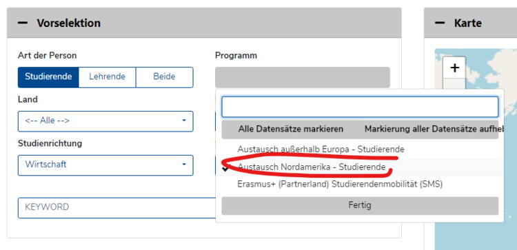 Screenshot von der Mobility online Website für die Bewerbung des Nordamerika Programms. Schritt 1: Programm Auswahl. 