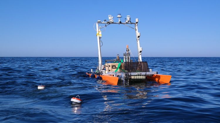 Katamaran schwimmt im Meer bei bestem Wetter. 