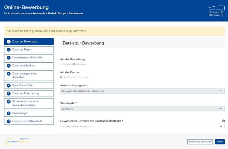 Screenshot des Online-Bewerbungsformulars der Carl von Ossietzky Universität Oldenburg für ein Austauschprogramm außerhalb Europas. Das Formular ist in nummerierte Schritte unterteilt, beginnend mit "Daten zur Bewerbung" und endend mit "Hinweis zum Datenschutz". Verschiedene Eingabefelder und Dropdown-Menüs sind vorhanden, um die erforderlichen Informationen für die Bewerbung einzugeben.