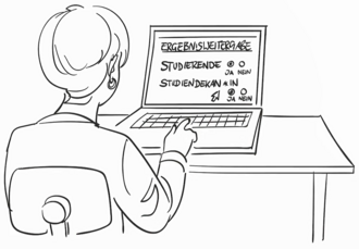 Zeichnung einer Lehrenden vor einem Laptop, auf dessen Bildshirm sie die Art der Ergebnisweitergabe auswählt.