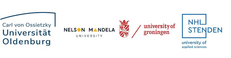 From left: Logos of the University of Oldenburg, the Nelson Mandela University, the University of Groningen and der NHL Stenden.