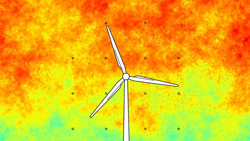 Grafik mit Windkraftanlage im Vordergrund und den farbig dargestellten Windgeschwindigkeiten im Hintergrund.