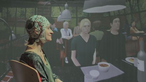 Young woman with EEG cap, virtual cafeteria environment in the background.