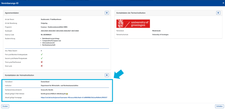 Im neuen Fenster sehen Sie nun weitere Informationen zu den Austauschplätzen sowie die Kontaktdaten der Heimatinstitution. Dort finden Sie die Kontaktdaten Ihrer Erasmus+ Fachkoordination ("Fachbereichskoordination").