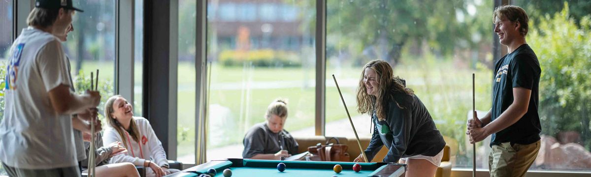 Students play billiards in a bright lounge with large windows.