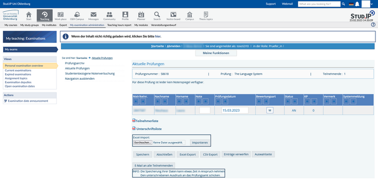 Screenshot UOL StudIP Current Examinations - Grade Entry