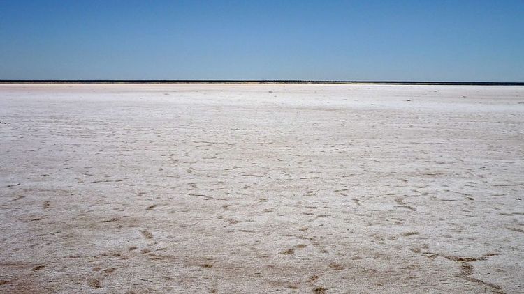 Landschaftsbild: Glatter, weißer Untergrund (das Salz), darüber blauer Himmel, im Hintergrund ein dünner, dunklerer Streifen am Horizont.