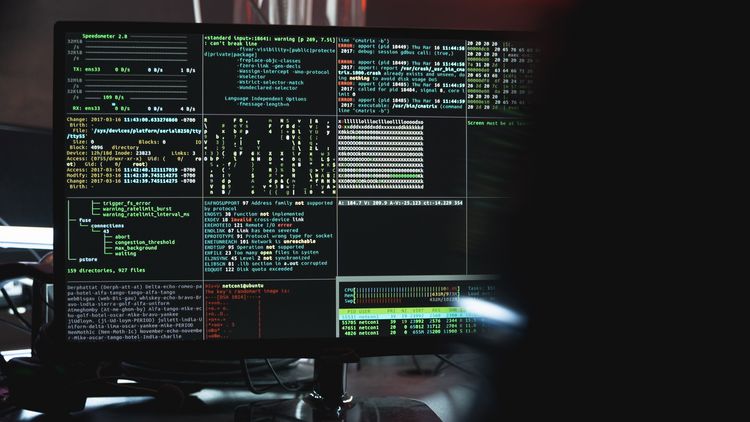 Ein dunkler Bildschirm, aufgeteilt in mehrere Felder mit unverständlichen Informationen. 