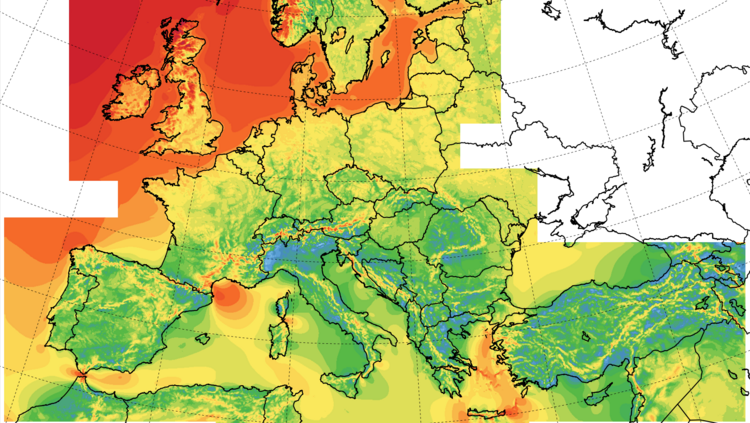 Europakarten mit Farben unterlegt, die die verschiedenen Windgeschwindigkeiten anzeigen.