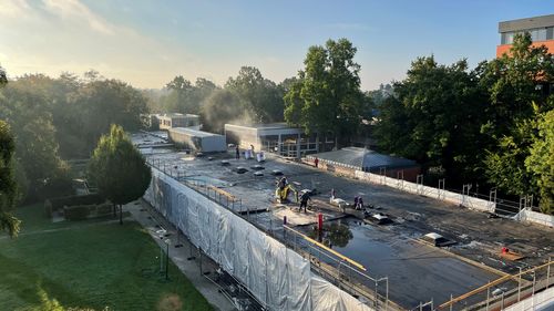 View of the university building A07 from above during construction work.