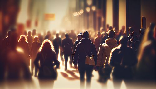 Das KI-generierte Bild zeigt anonyme Menschen in einer Fußgängerzone.