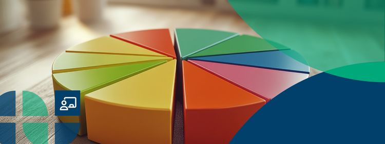 Picture with colourful pie chart segments on a wooden floor in a bright interior