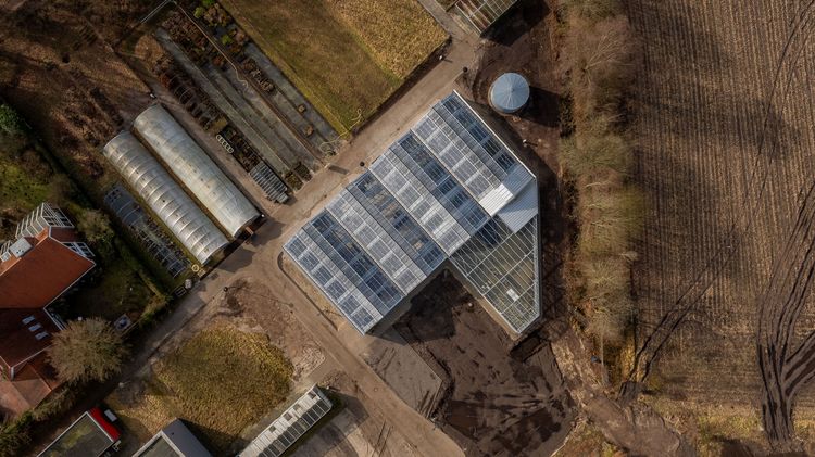 Gewächshaus von oben fotografiert. 