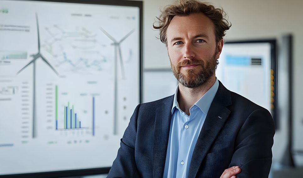 Mann im Büro,  Windenergiegrafiken im Hinergrund