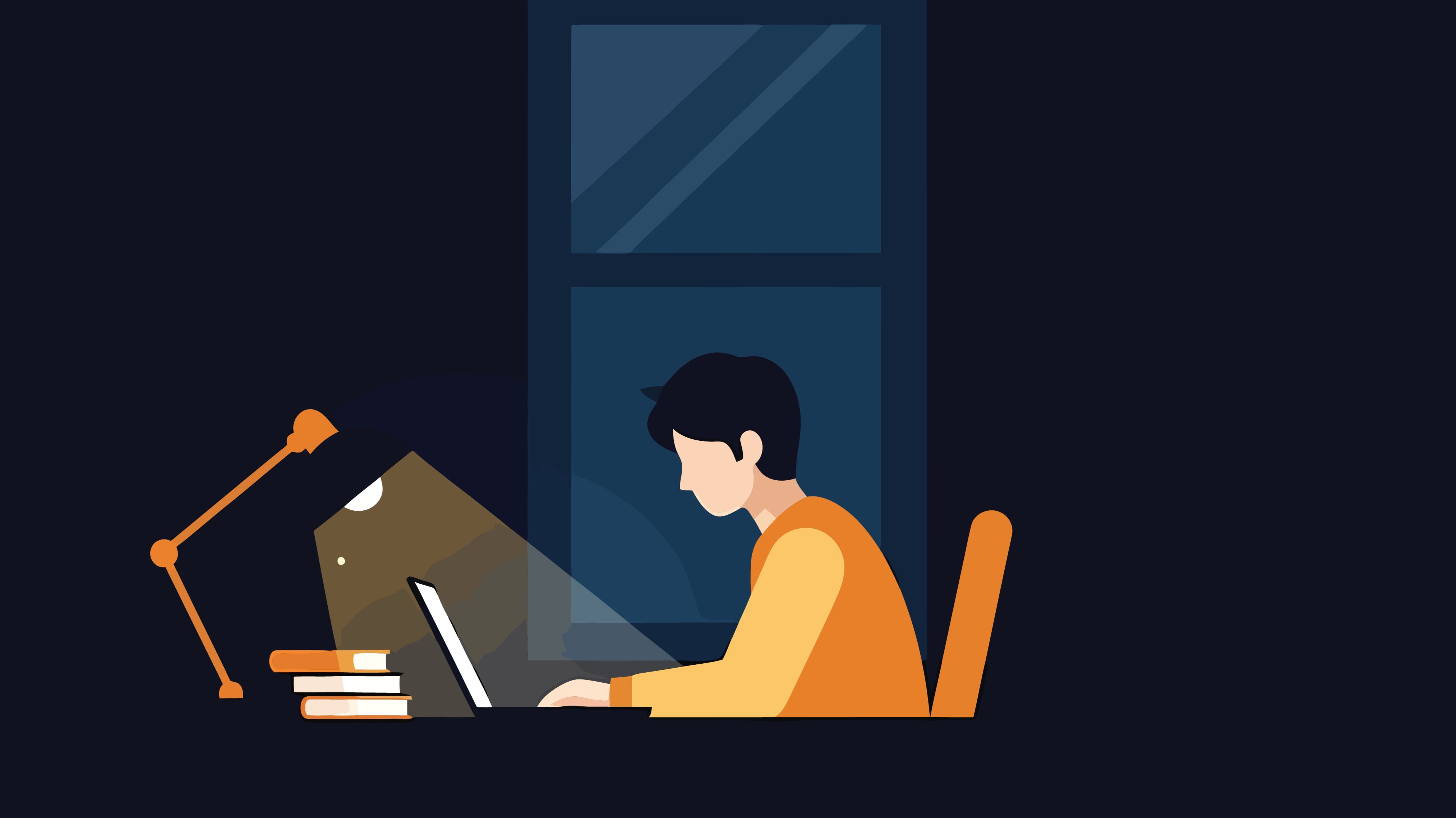 Symbolgrafik Student im Dunkeln am Laptop