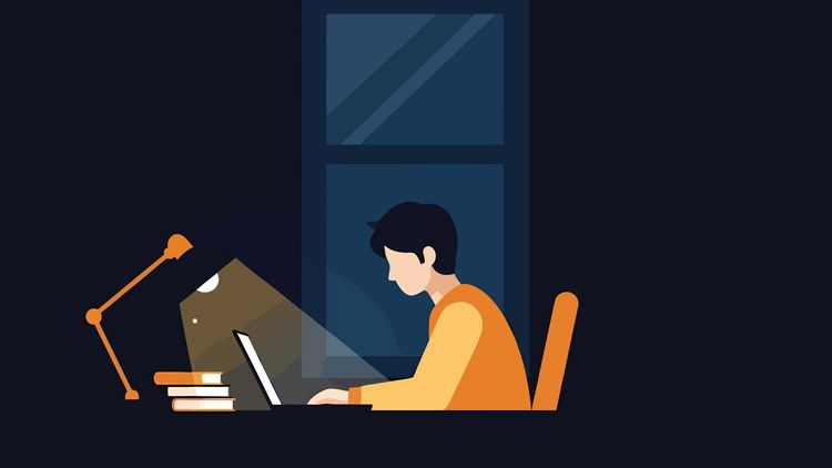 Symbolgrafik Student im Dunkeln am Laptop