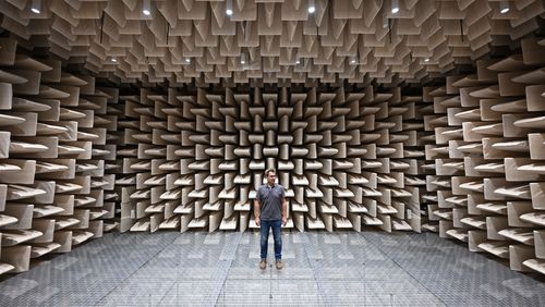 Frontal view into the laboratory, the wedges can be seen on all walls. A man is in the center of the room, standing on a net of wires. 