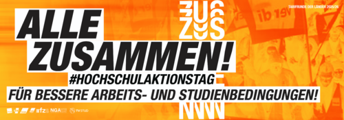 Header banner for the University Action Day. Text inscription: All together! University Action Day For better working and study conditions!