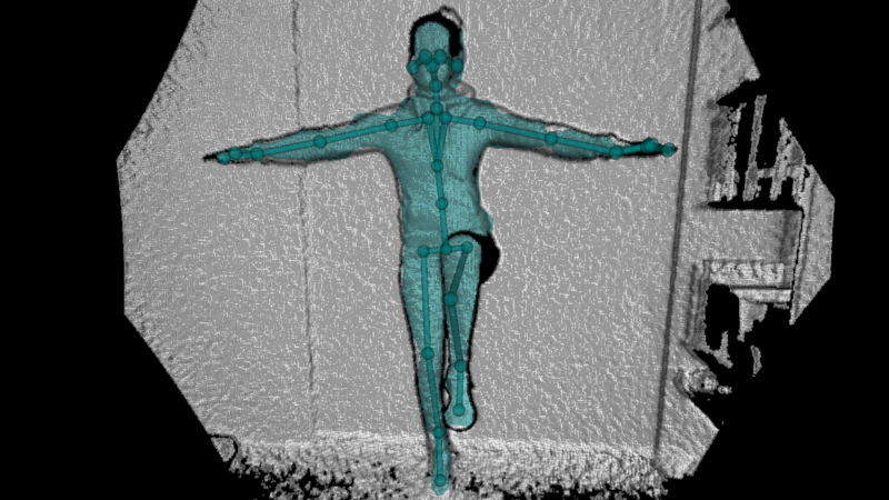 Aufnahme der 3D-Kamera von einer Person, die auf einem Bein steht und die Arme seitlich ausgestreckt hat. Einige Gelenke sind durch Punkte markiert und mit Linien verbunden..