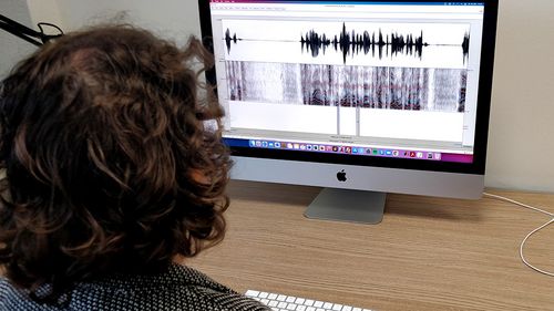 A woman is sitting at a computer on which frequency waves can be seen.