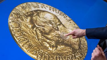 The image shows the medal lying on the multi-touch table. Heike Andermann moves the medal with her finger.