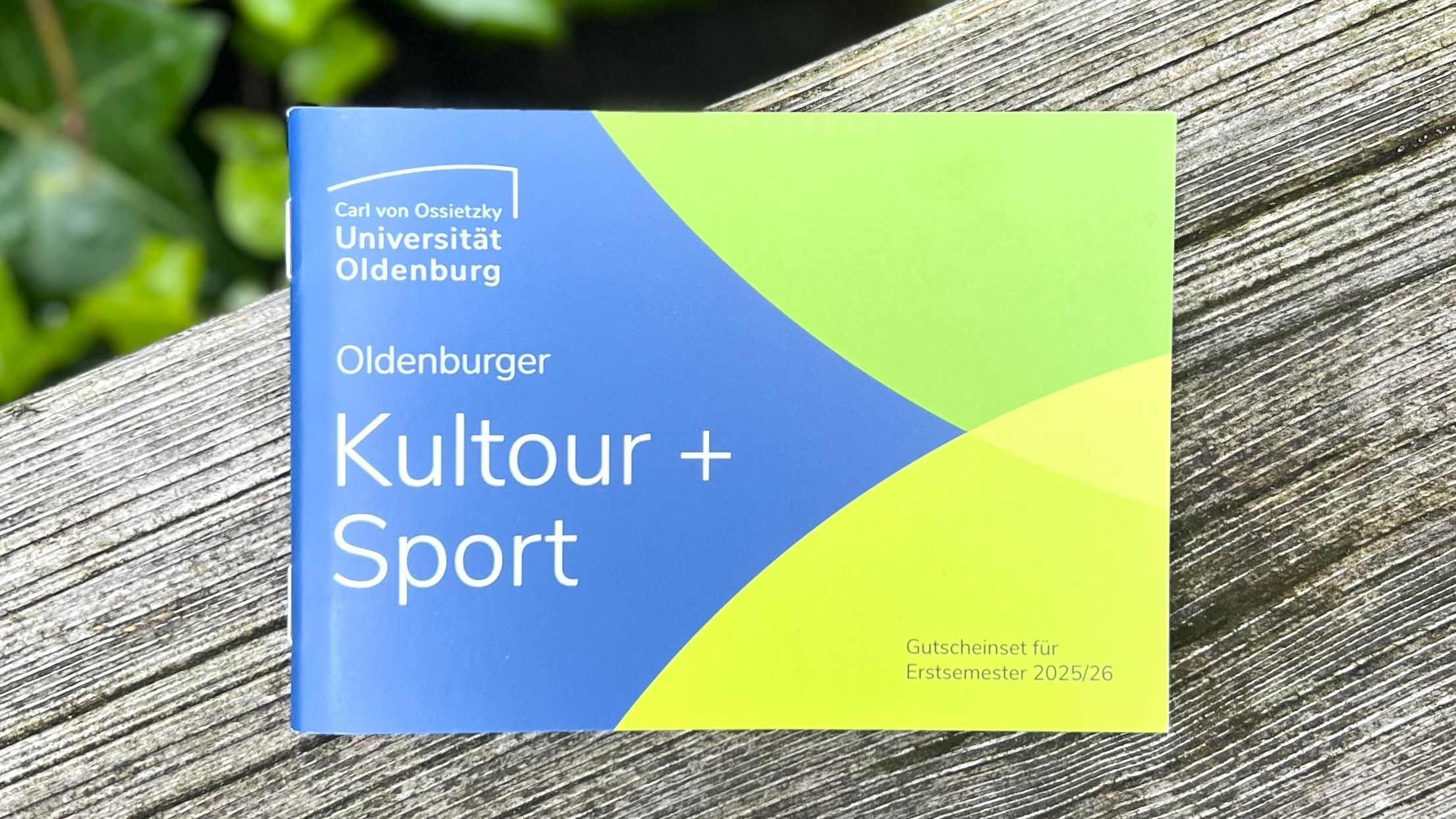 Das Gutscheinheft für Erstsemester 2025/26 liegt auf einer Parkbank. Im Hintergrund erkennt man grünen Efeu. 