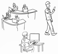 Zeichnung von drei Situationen, in denen Studierende über Laptops, Smartphone oder am Stand-PC arbeiten.