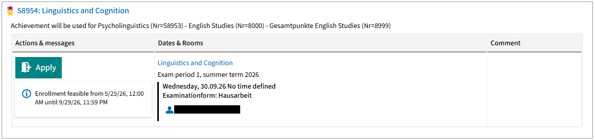 Registration via the examination type Registration via the examination type