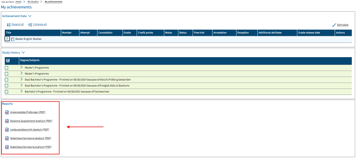 Academic transcripts and a list of registered examinations Academic transcripts and a list of registered examinations