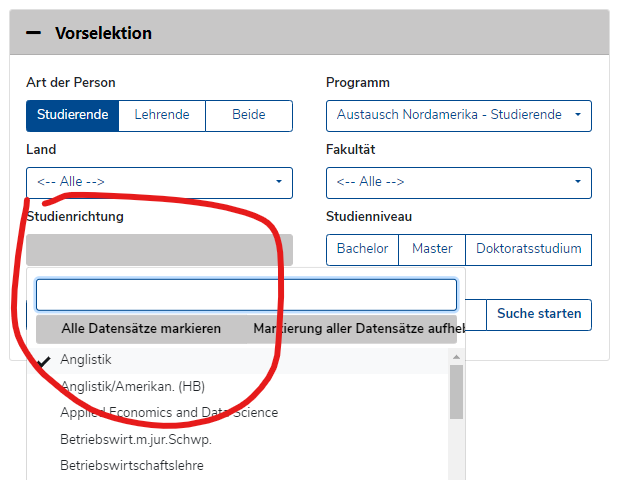 Screenshot von der Mobility online Website für die Bewerbung des Nordamerika Programms. Schritt 2: Wählen der Studienrichtung.