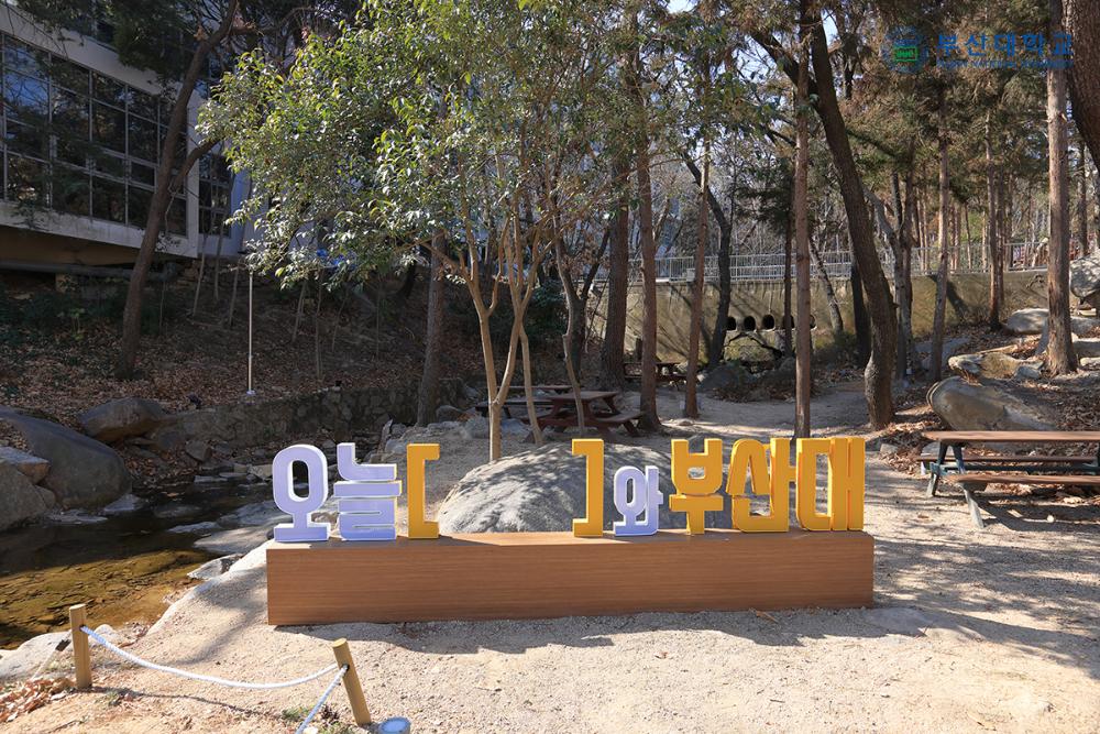 Eine Grünanlage auf dem Campus. Im Vordergrund ist ein Schriftzug aus koreanischen Buchstaben aufgestellt. 